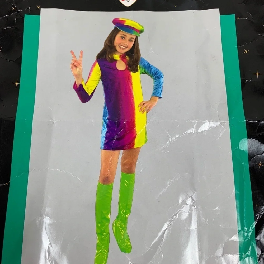 Charades Rainbow Keyhole Dress 1960 1970 Costume For Dress Up Size XS Fits 4-6